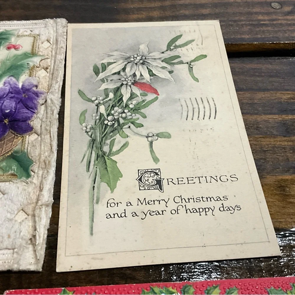 Antique Lot of 8 Christmas Holiday Postcards Santa Flowers Scrapbooking